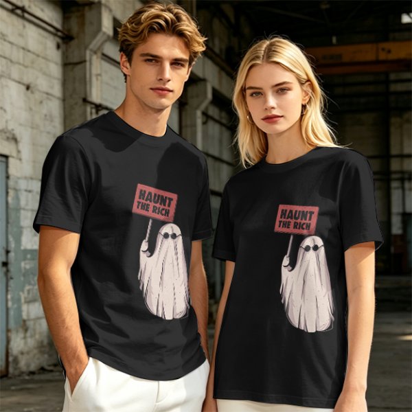Olive T-Shirt With Ghost Holding 'Haunt The Rich' Protest Sign