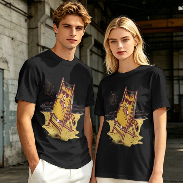Olive T-Shirt With Cool Cat Lounging On Beach Chair Holding Drink