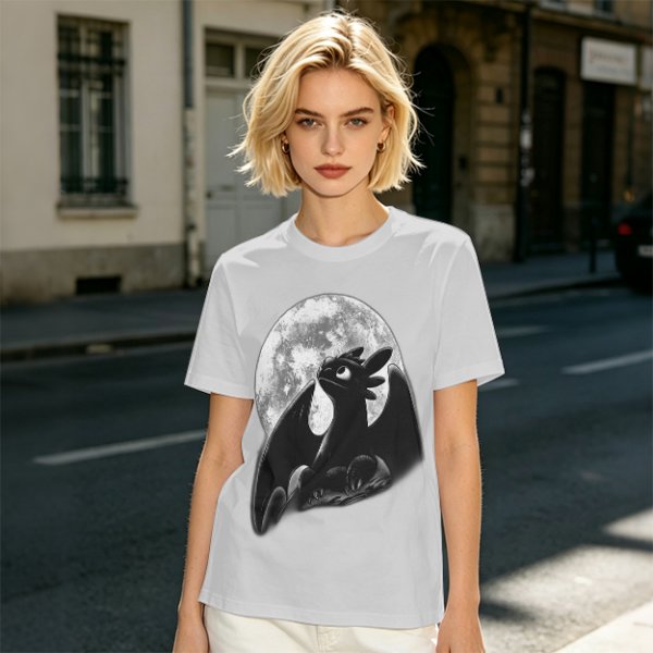 Olive T-Shirt Featuring Toothless Dragon Against Full Moon