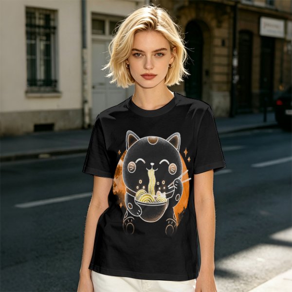 Olive T-Shirt Featuring Black Maneki-neko Cat Eating Ramen