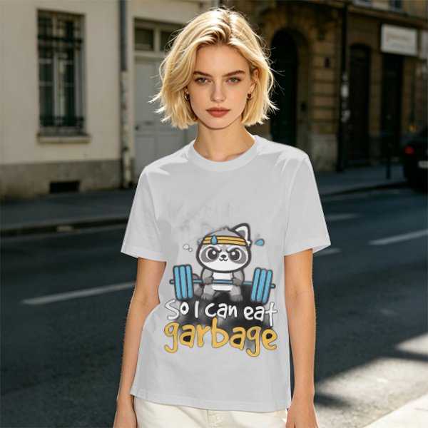 Olive T-Shirt with Raccoon Lifting Weights 'So I Can Eat Garbage' Print