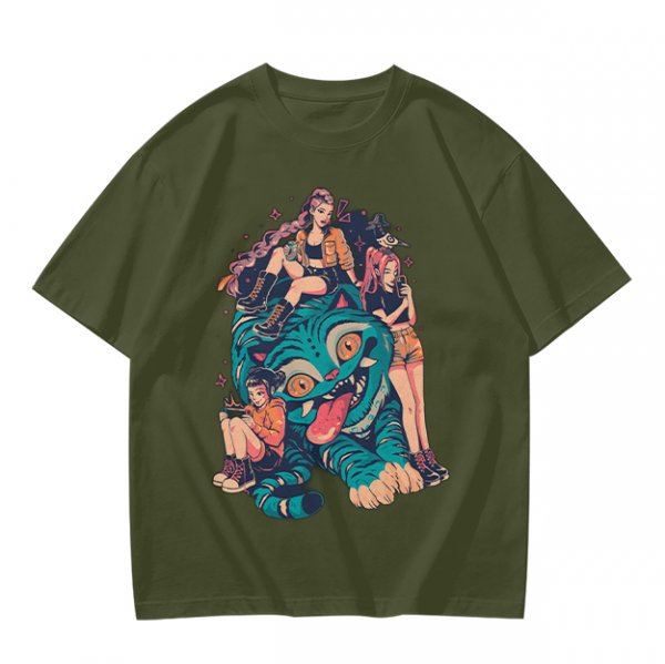 Olive T-Shirt With Girls On A Teal Tiger Graphic Print