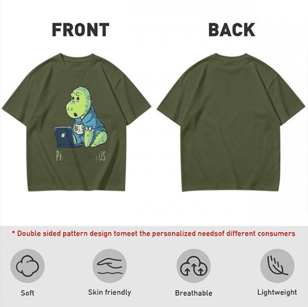 Olive t-shirt with a cartoon dinosaur working on laptop holding coffee