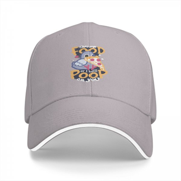 Black baseball cap with funny pigeon pizza 'give me food or i will poop on you' print