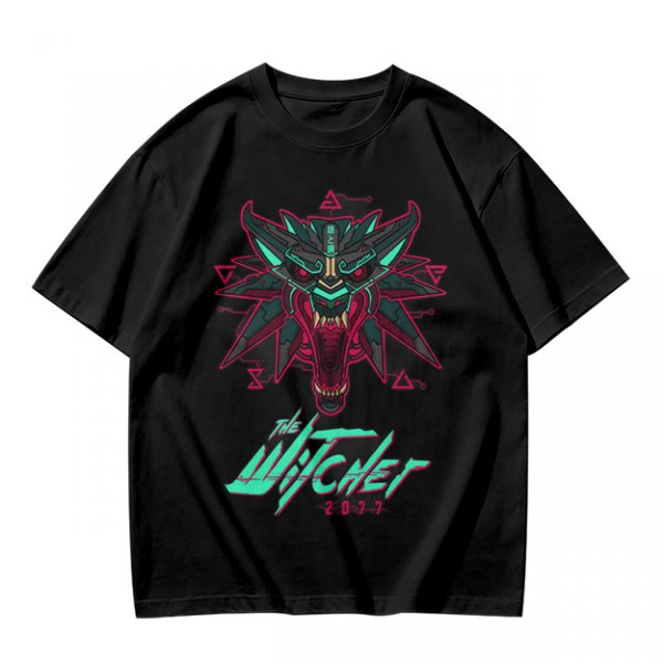 Olive T-Shirt With Cyberpunk Witcher Wolf Emblem Print