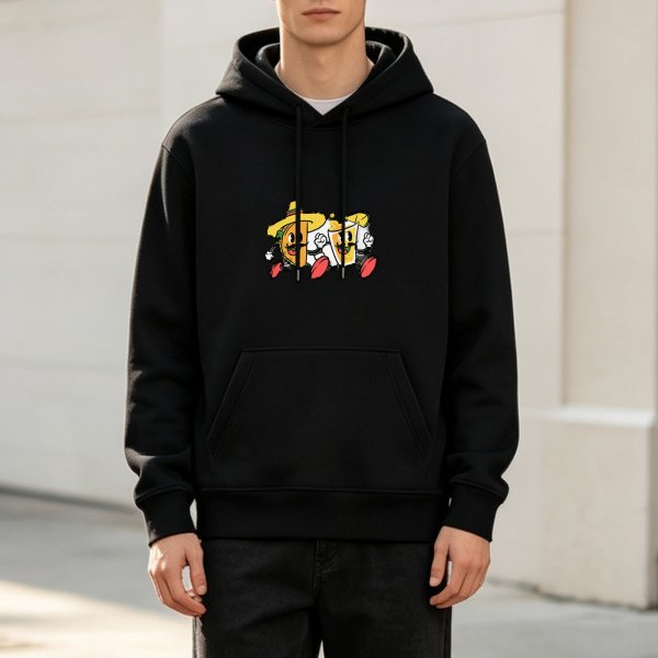 Black hoodie with retro cartoon taco and drink graphic