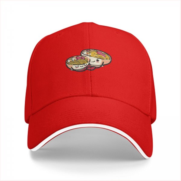 Black baseball cap with cute kawaii ramen bowls graphic