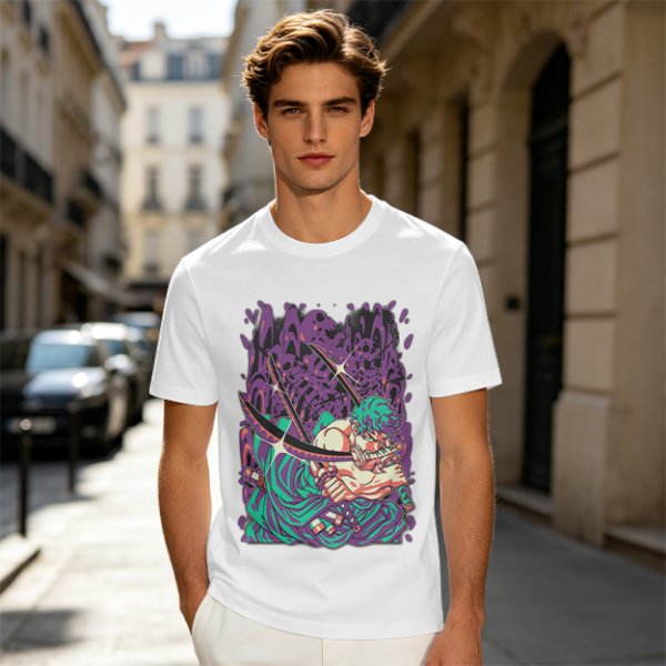 Olive T-Shirt With Anime Swordsman Graphic Print