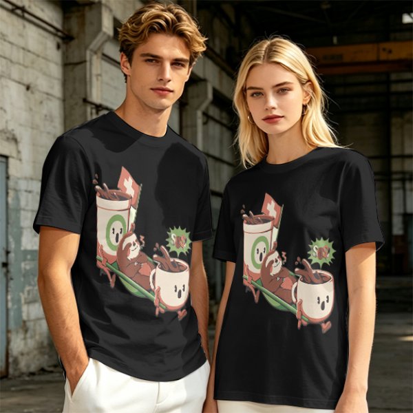 Olive green graphic tee with a sloth relaxing between anthropomorphic coffee mugs