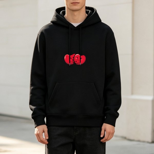 Black hoodie with kissing cartoon cherries graphic
