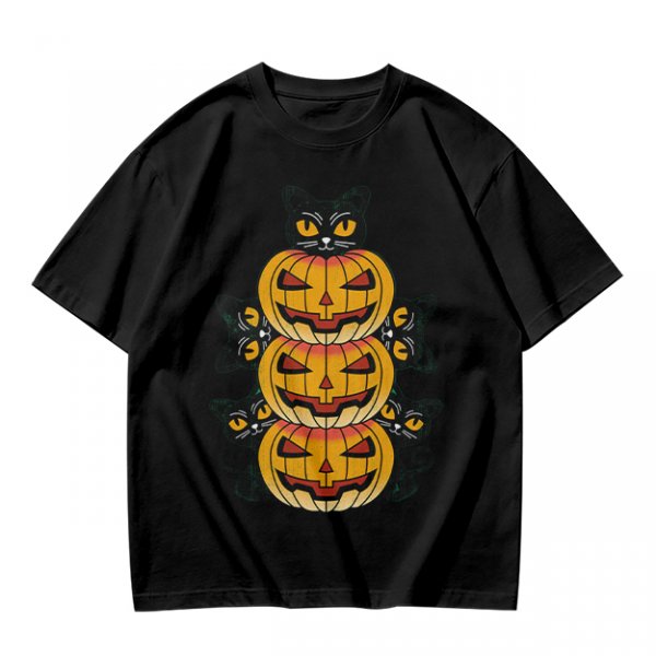 Olive Halloween T-Shirt with Stacked Jack-o'-Lanterns and Black Cats
