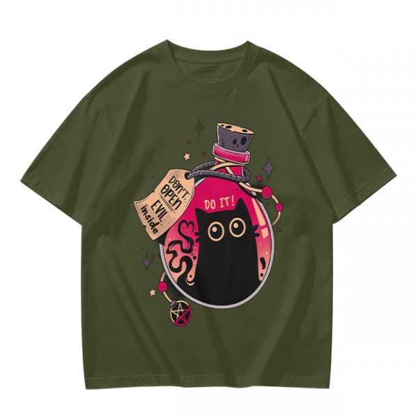 Olive T-shirt with a potion bottle holding a black cat that says don't open evil inside do it