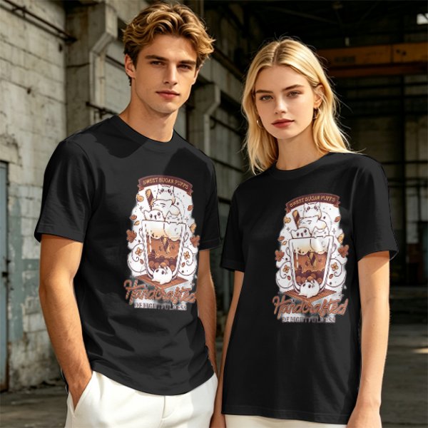Olive t-shirt with cute cat bubble tea graphic print