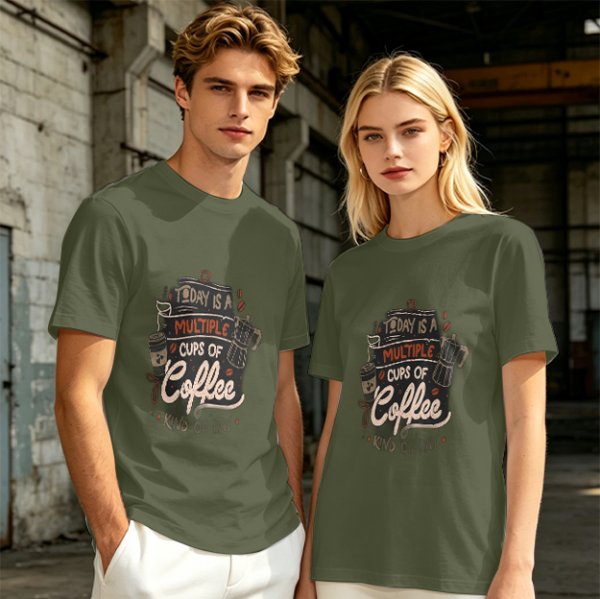 Olive green t-shirt with coffee themed 'Today is a multiple cups of Coffee' print