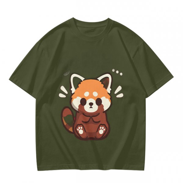 Olive T-Shirt With Cute Shy Red Panda Graphic Print