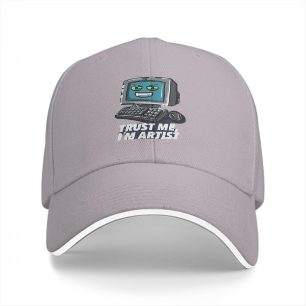 Black baseball cap with retro computer graphic and 'Trust me I'm artist' text