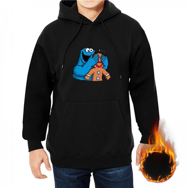 Black hoodie with Cookie Monster covering gingerbread man’s eyes graphic