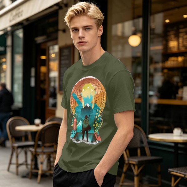 Olive Green T-Shirt With Fantasy Hero Silhouette Landscape Art