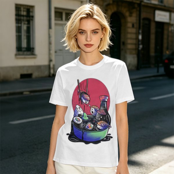 Olive T-Shirt With Anxious Sushi Characters In Soy Sauce Bowl Print