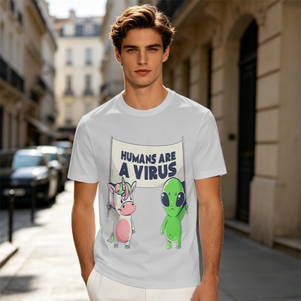Olive T-shirt with Unicorn and Alien Holding 'Humans Are A Virus' Sign