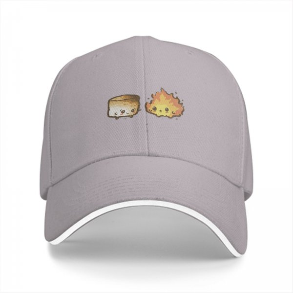 Black baseball cap with cute roasted marshmallow and fire graphic