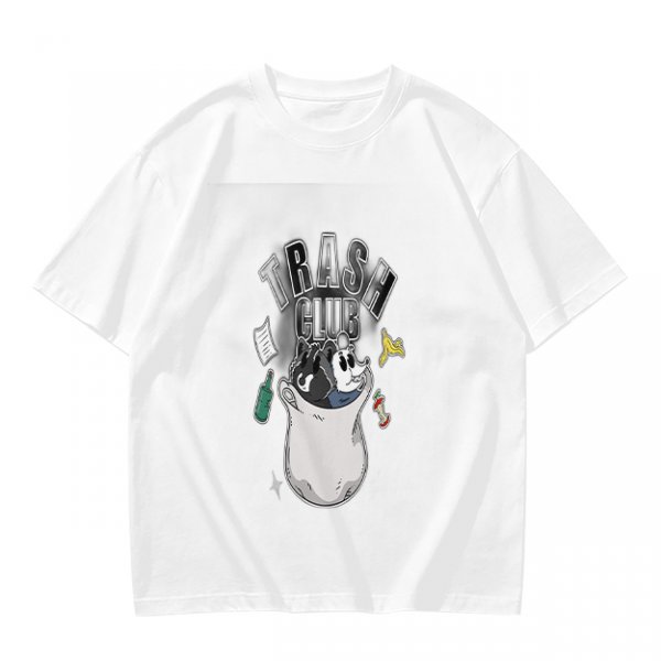 Olive graphic t-shirt with Trash Club raccoon and panda in trash can print