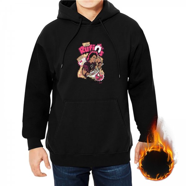 Black hoodie with graphic punk-style character print