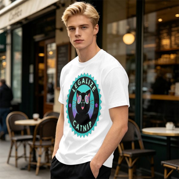 Olive T-Shirt with 'Legalize Catnip' Hypnotic Black Cat Graphic