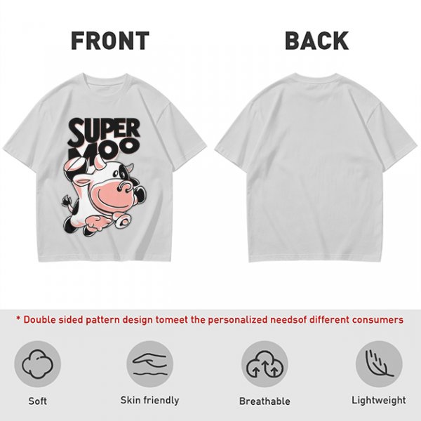 Olive green t-shirt with 'SUPER MOO' and cartoon cow graphic