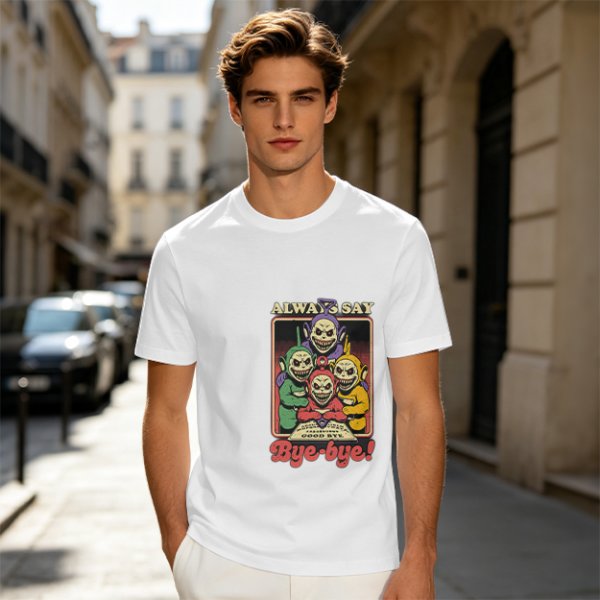 Olive t-shirt with creepy Teletubbies 'Always Say Bye-bye' print