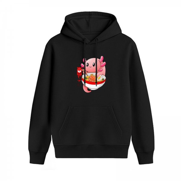 Black hoodie featuring a cute axolotl eating ramen bowl design