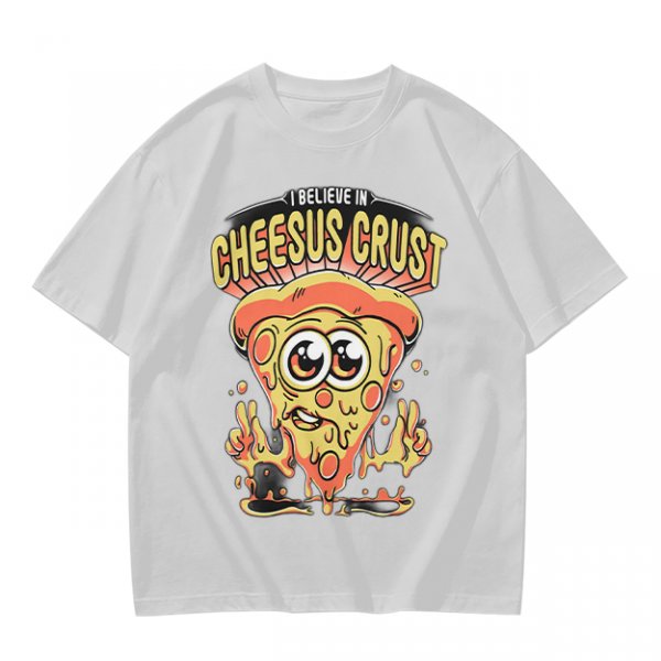 Olive t-shirt with 'I Believe In Cheesus Crust' pizza graphic