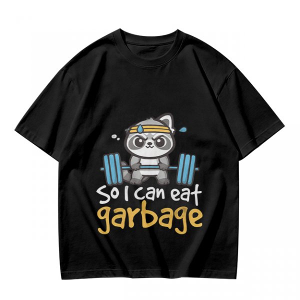 Olive T-Shirt with Raccoon Lifting Weights 'So I Can Eat Garbage' Print