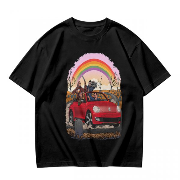 Olive T-Shirt With Red Convertible Car, Rainbow And People Graphic