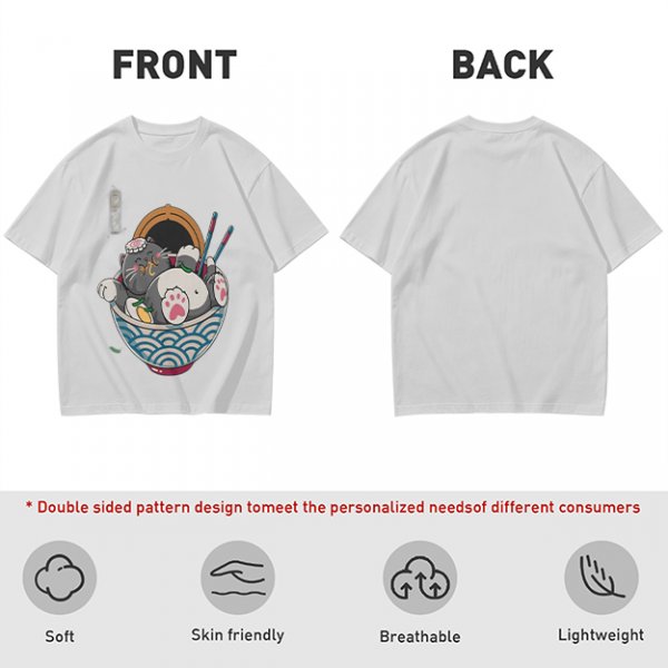 Oversized T-Shirt With Chubby Cat In Ramen Bowl Print