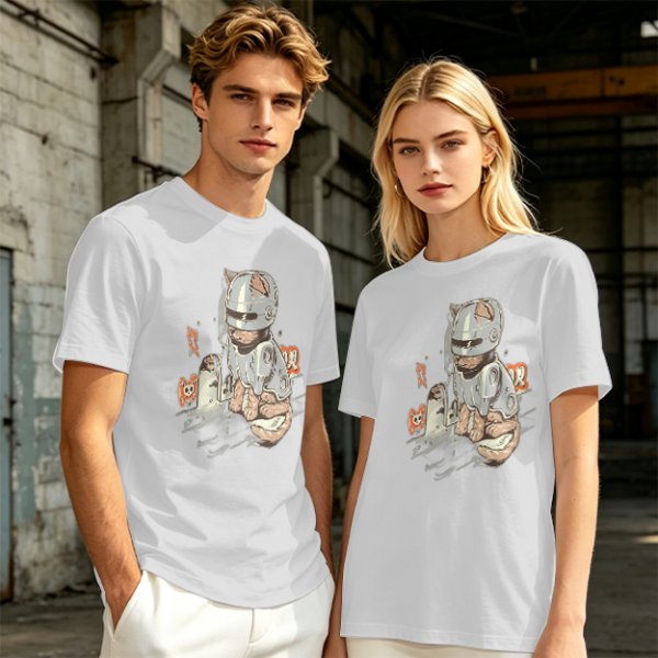 Olive Green T-Shirt With Cat In Robot Helmet Graphic Print