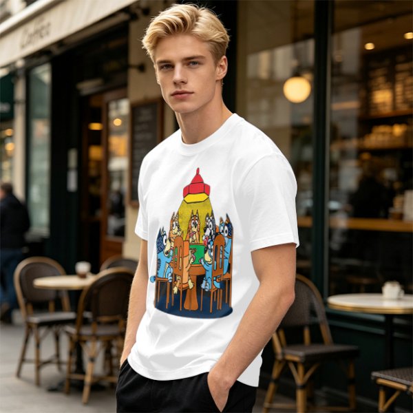 Olive green t-shirt with cartoon dogs playing poker under a hanging lamp