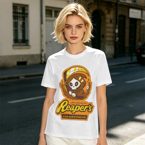Olive green graphic t-shirt with cute reaper coffee themed print