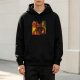 Black hoodie with four-panel illustrated character graphic