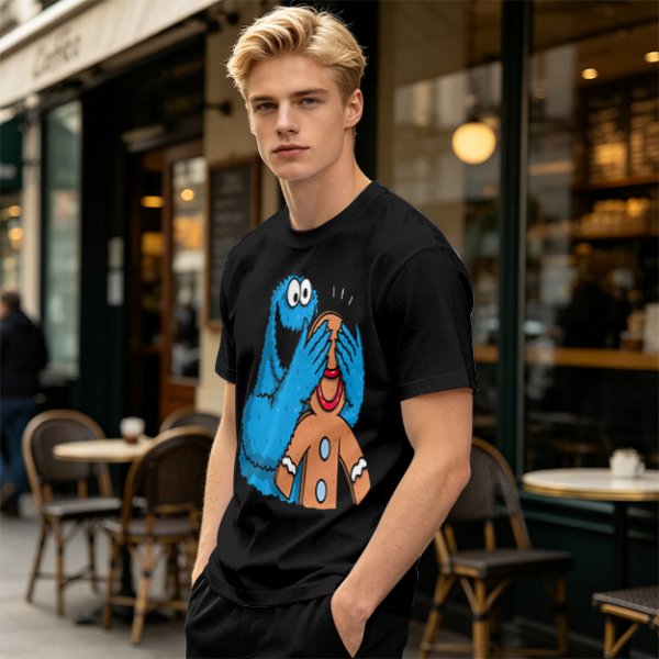 Olive T-shirt with Cookie Monster covering gingerbread man’s eyes