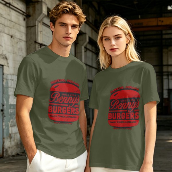 Olive green t-shirt with Benny's Burgers Hawkins Indiana graphic
