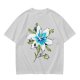Olive Green T-Shirt with Watercolor Blue Lily Flower Print