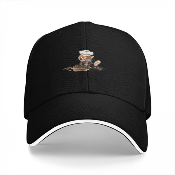 Black Baseball Cap With Cute Chef Cat Rolling Dough Print