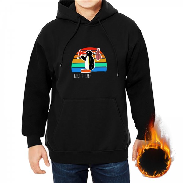 Black hoodie with penguin graphic and retro rainbow stripe design