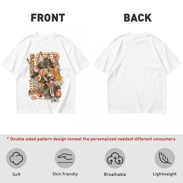Olive green anime graphic t-shirt with monster and city scene