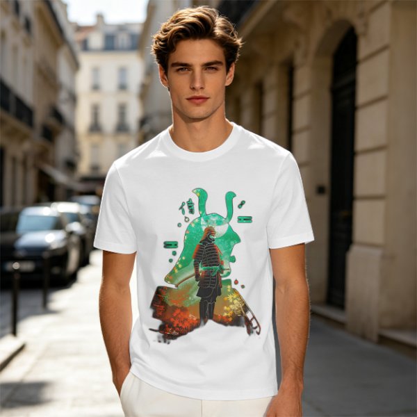 Olive T-shirt with Samurai Warrior and Helmet Art Print
