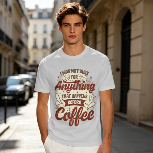 Olive t-shirt with 'I was not built for anything before coffee' print