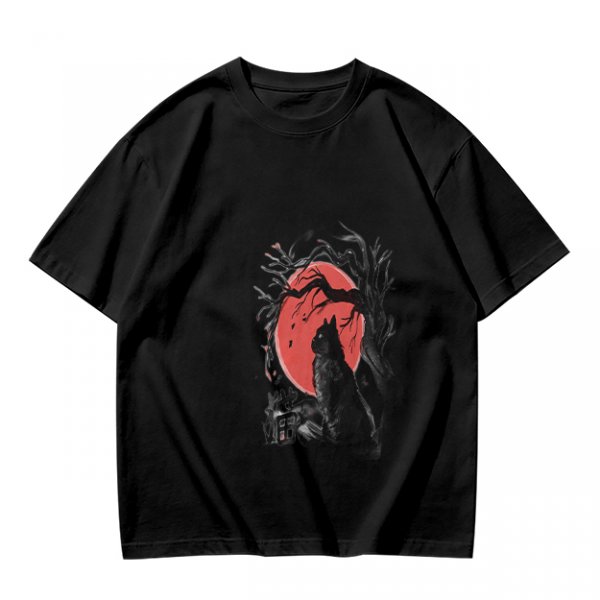 Olive T-Shirt with Black Cat and Red Moon Gothic Art Print