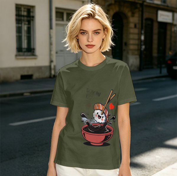 Olive T-shirt with Cute Sushi Dipping in Soy Sauce Graphic