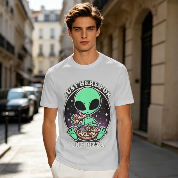 Olive green t-shirt with alien eating pizza text Just Here For The Pizza
